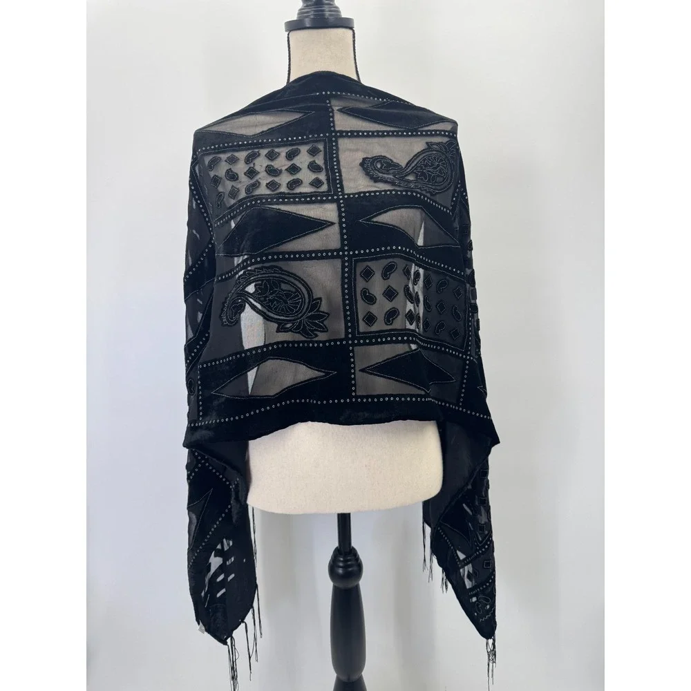 Whimsigoth Silk Velvet Burnout Scarf Shawl Wrap Dark Romantic Feminine Fringe